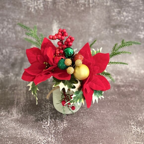 Red Poinsettia Christmas Faux Floral Arrangement in Frosted Mason Jar Decor - Picture 5 of 10